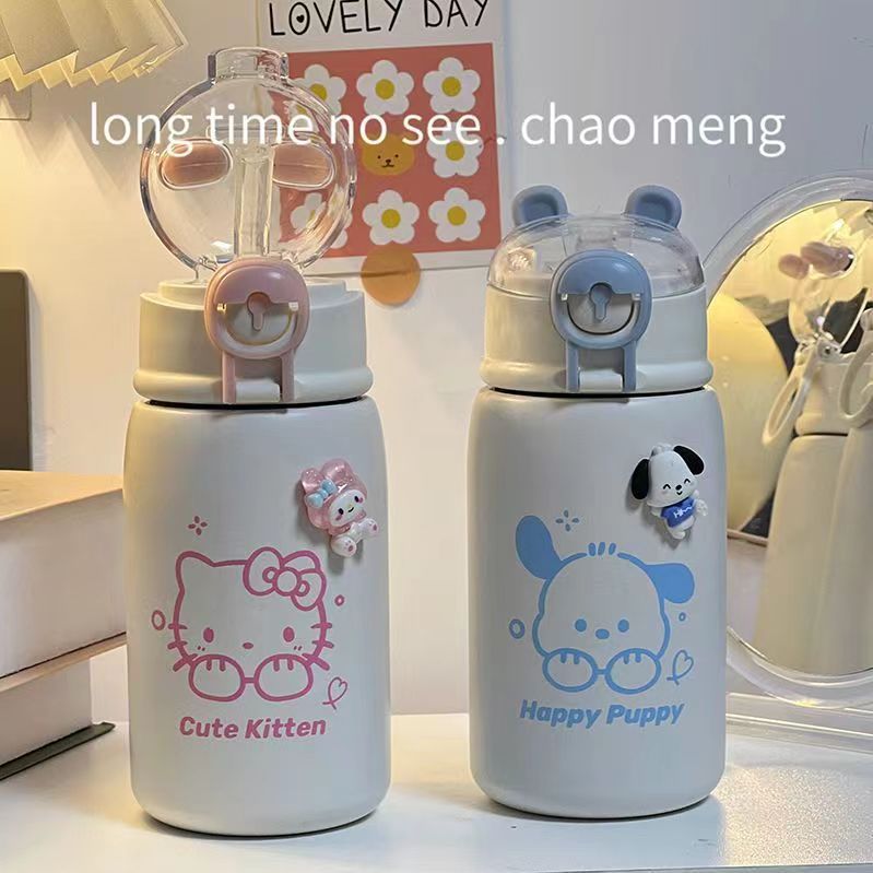 High appearance level cartoon little stupid bear insulated cup, portable hand-held water cup for children and students, straw cup, 304 stainless steel full figure