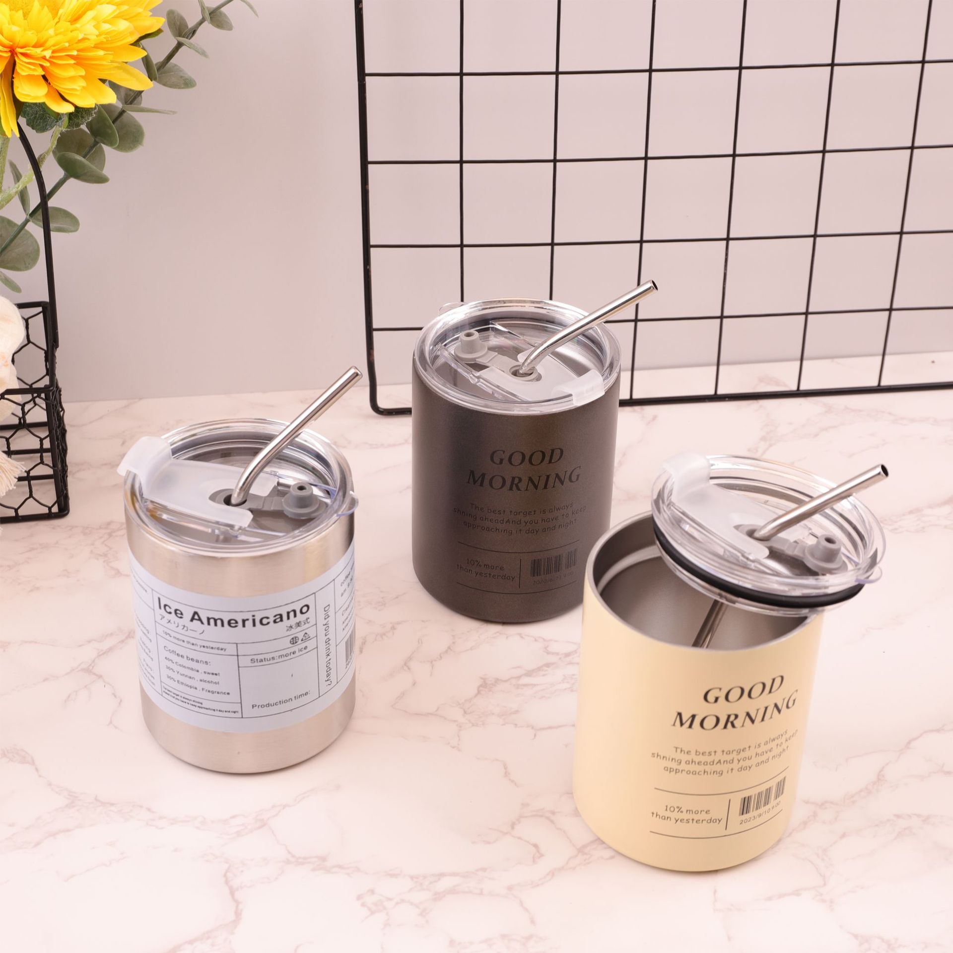 Cross-border vacuum iced Americano cup, stainless steel portable latte straw cup, large-capacity car-mounted portable insulated cup details Picture