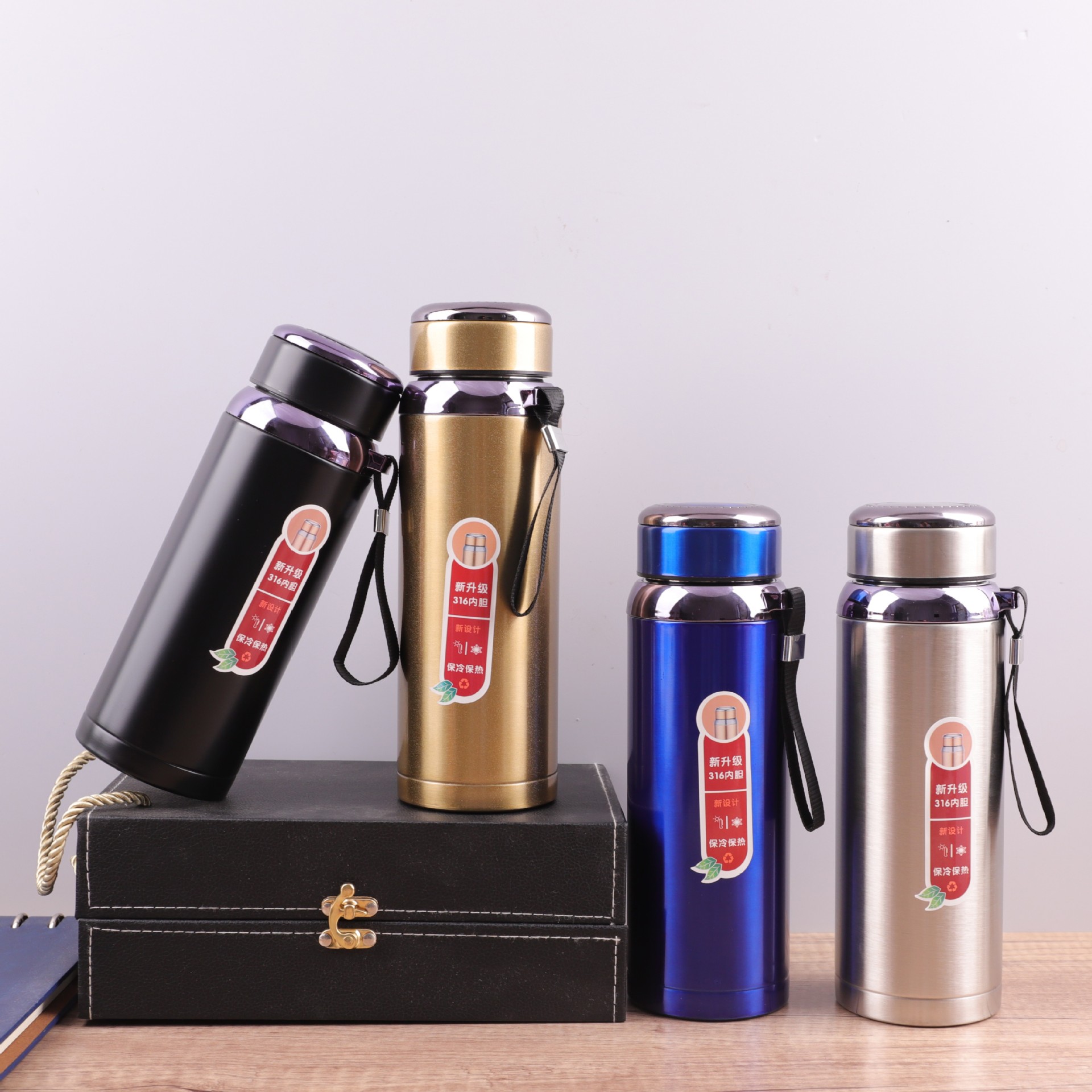 New 316 stainless steel insulated cup, gradient strap travel kettle, large capacity outdoor sports kettle, wholesale logo full figure