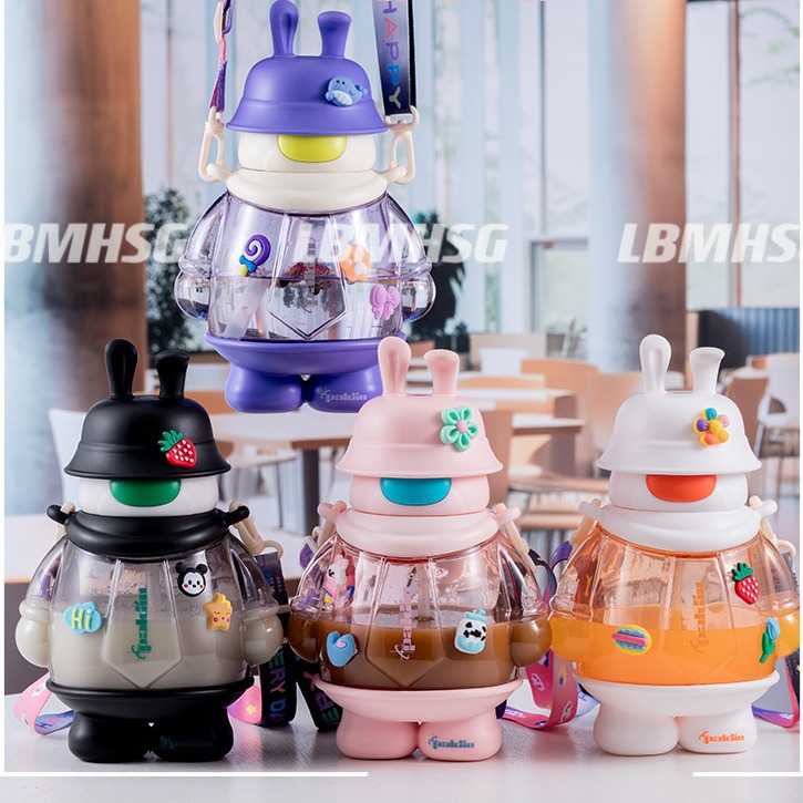 New summer high-appeartion-level girls' straw cup, Cool Rabbit cartoon plastic cup, outdoor durable and portable large-belted water cup details Picture