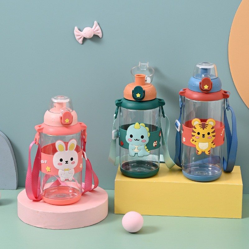 Children's plastic straw direct drinking water cup, summer primary school sports water bottle, cute portable anti-drop cup for girls' kindergarten full figure