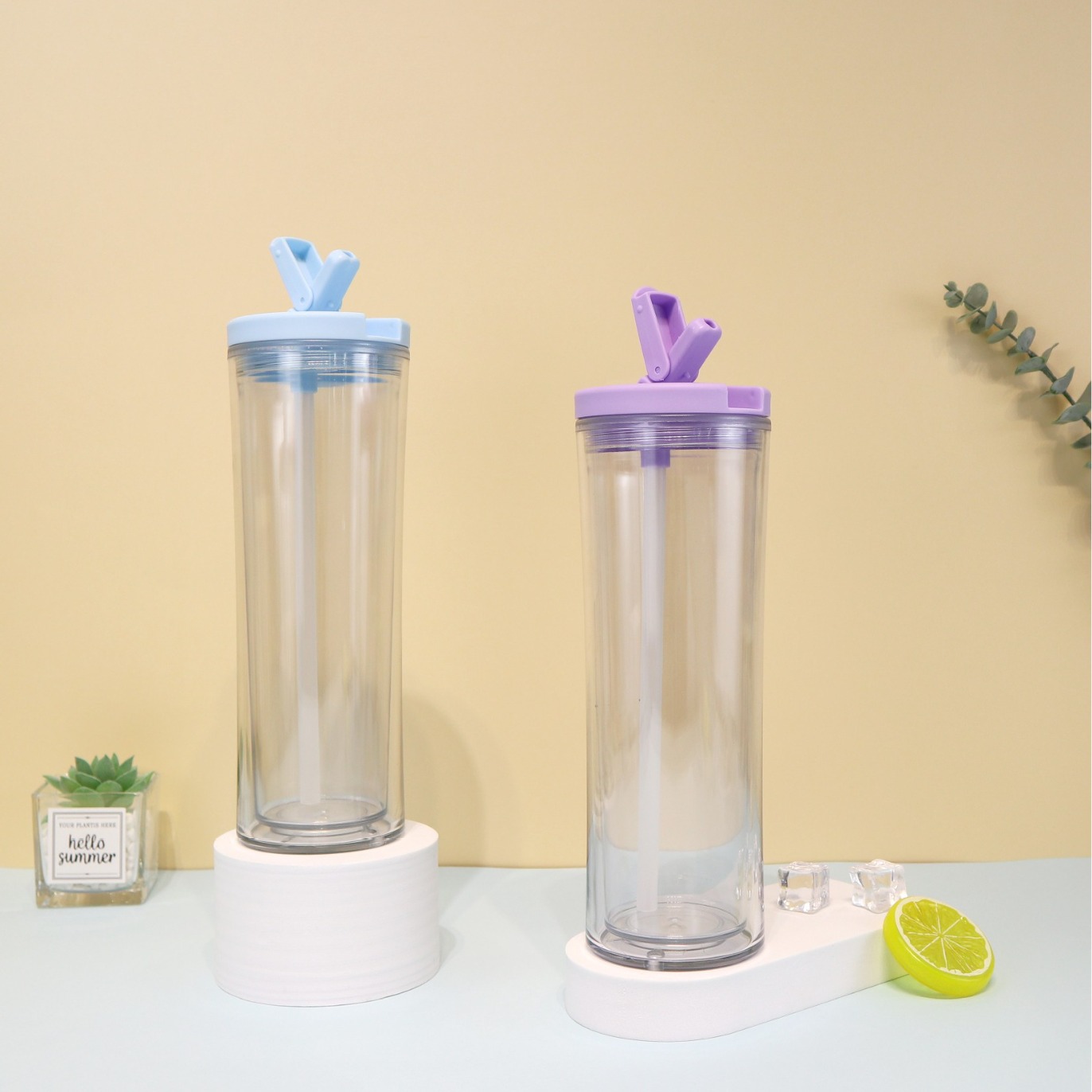Customized transparent household drinking water cups, double-layer insulated straw cups, straight screw cap water cups, 710ml wholesale Specification drawing