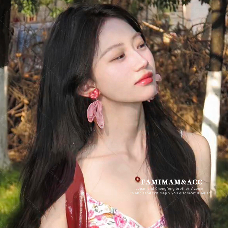 Super ethereal pink heart-shaped mesh earrings for girls' vacation, sweet wind and snow woven stud earrings, summer style and high-end earrings Application Scenario