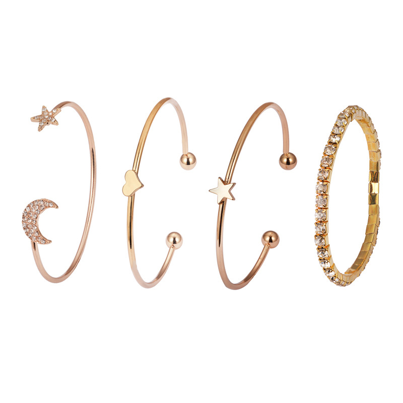 Cross-border best-selling jewelry: Simple and fashionable star and moon diamond-encrusted smooth heart-shaped star bracelet four-piece set wholesale Item Picture