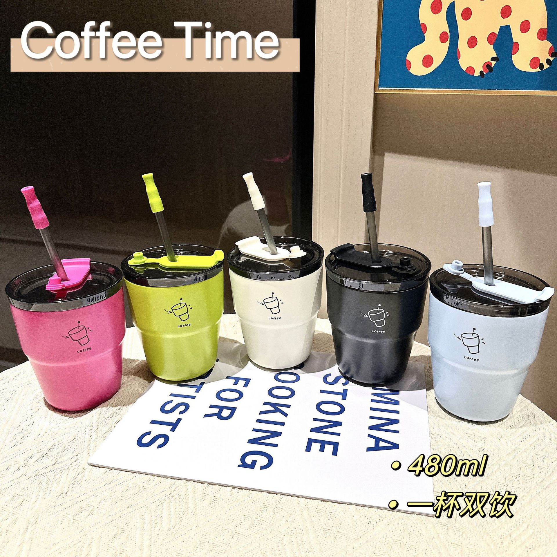 ins high appearance level coffee cups, simple couple double-drinking straw cups, creative office gift stainless steel water cups wholesale details Picture