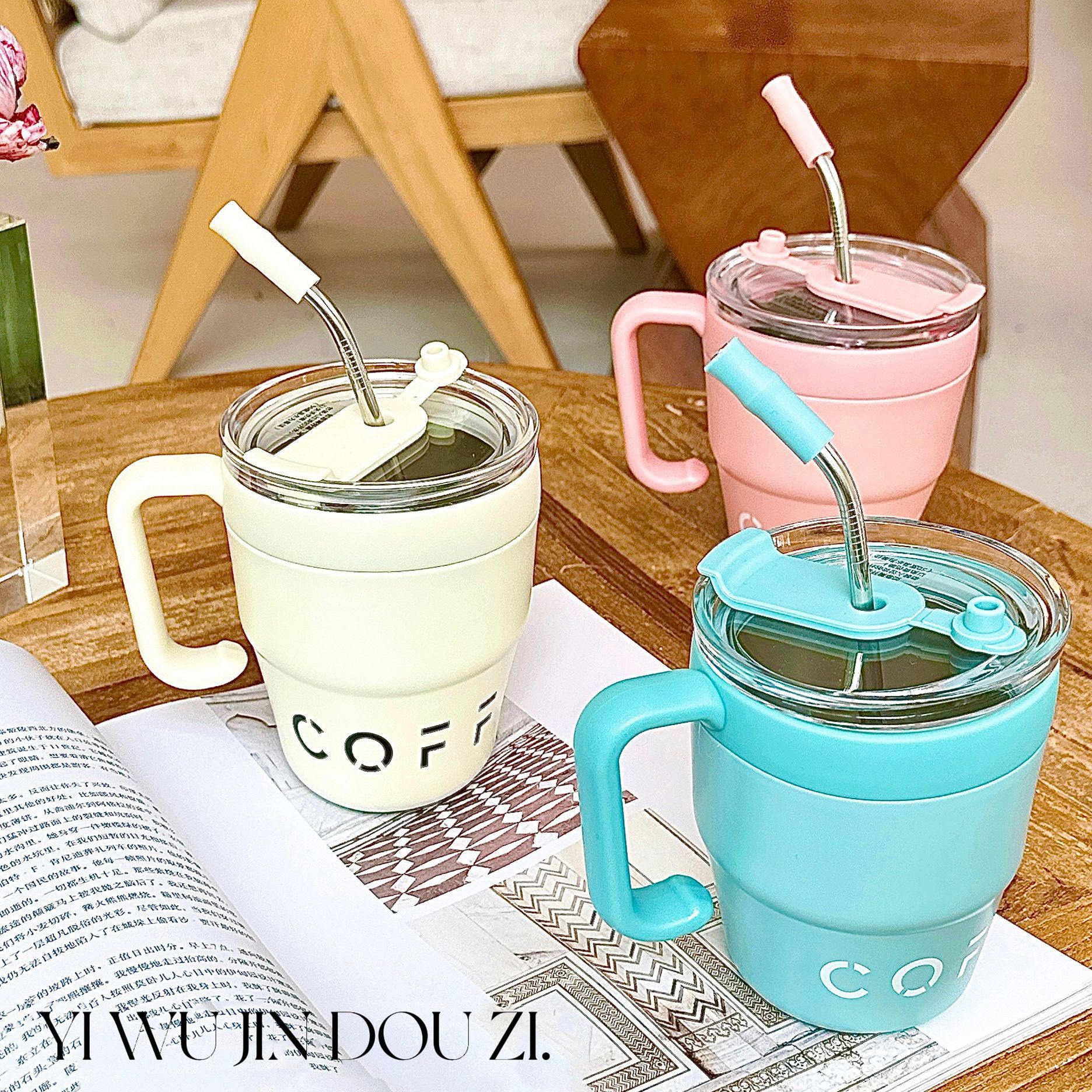 Ins simple coffee cup with straw, fashionable office water cup with handle, portable double-drinking couple stainless steel cup full figure