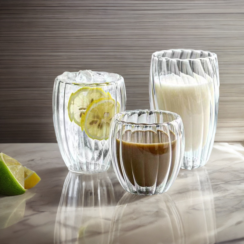 Household striped double-layered cup, high borosilicate high-temperature resistant double-layered glass water cup, simple tea cup, high appearance level coffee cup full figure
