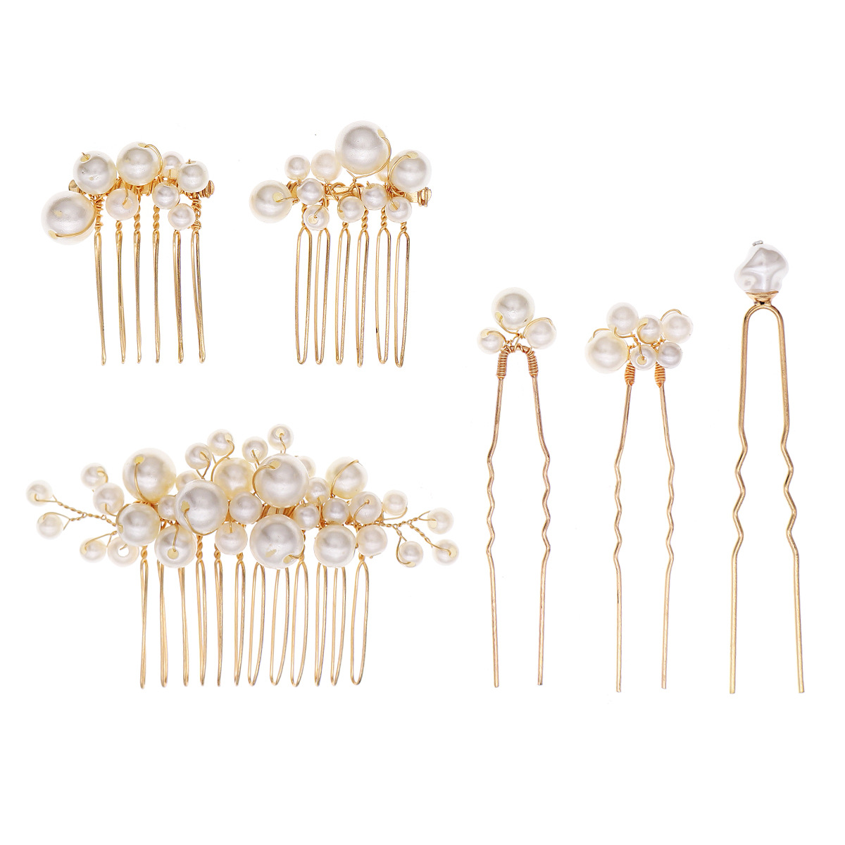 European and American retro pearl hair accessory, female socialite's updo, handcrafted comb, bride's wedding jewelry, pearl hair comb six-piece set Item Picture