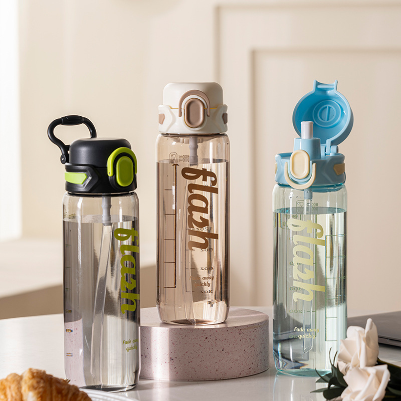 Summer trend sports straw cup, simple and portable water cup, male and female students outdoor fitness anti-drop water bottle with scale details Picture