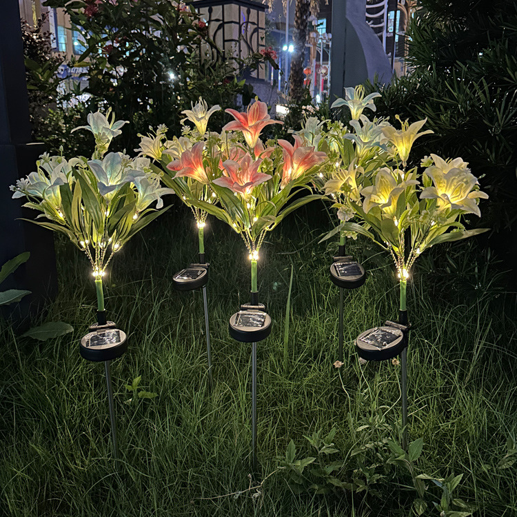 Solar-powered lily flower lanterns, outdoor courtyard garden decoration, lawn ground insert lights, LED simulation lily flower lanterns full figure