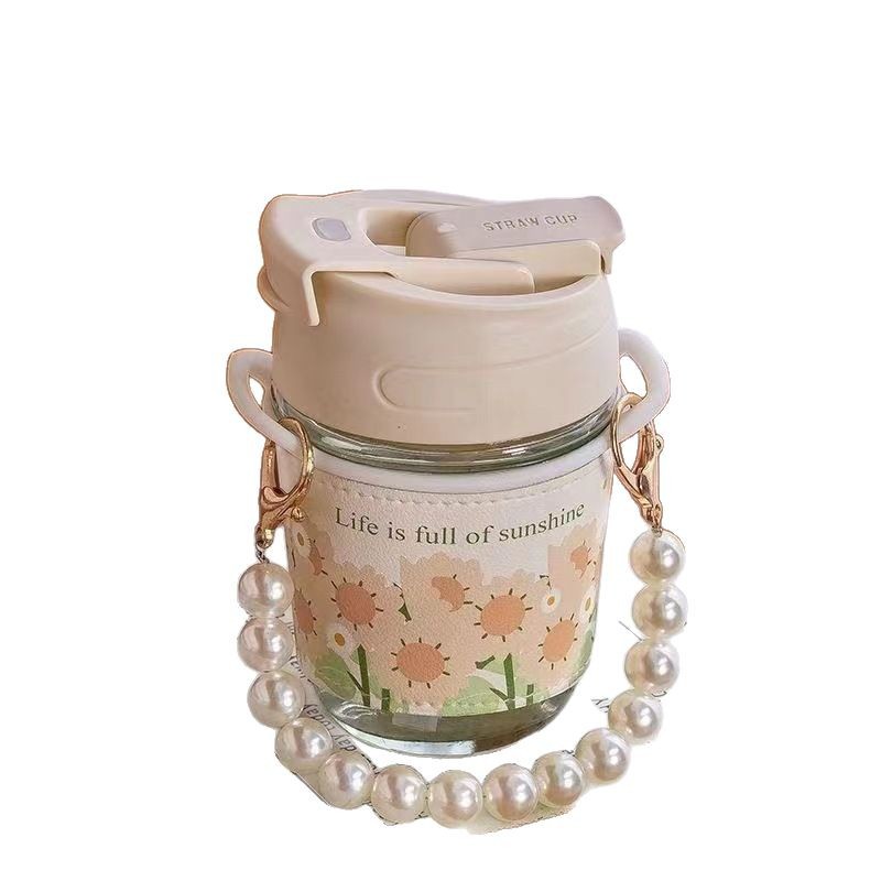 Wholesale internet-famous leather-covered straw cups, creative high appearance level glass cups, portable small fragrant style pearl cups, coffee Item Picture