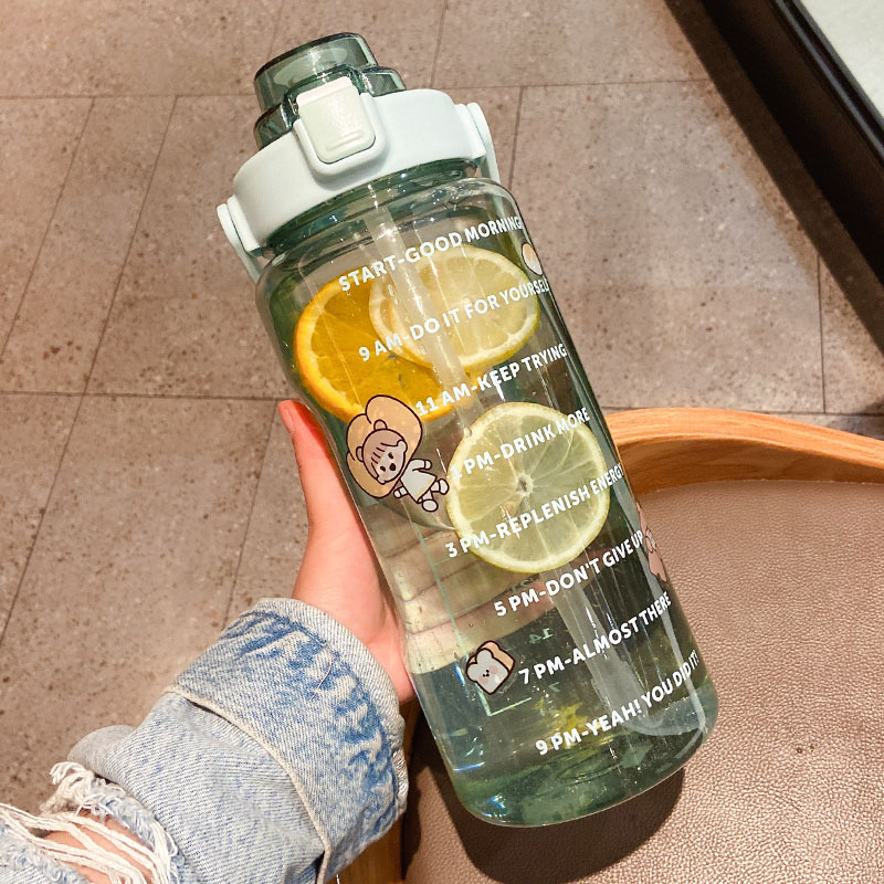 Large-capacity plastic cup with straw and scale, transparent water cup, anti-drop portable handle, outdoor sports and fitness water bottle details Picture