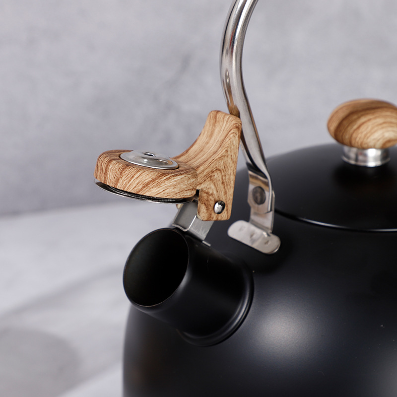 Stainless steel whistling kettle, 2.5-liter black wood grain handle, spout, lid, induction cooker, gas stove, boiling kettle details Picture