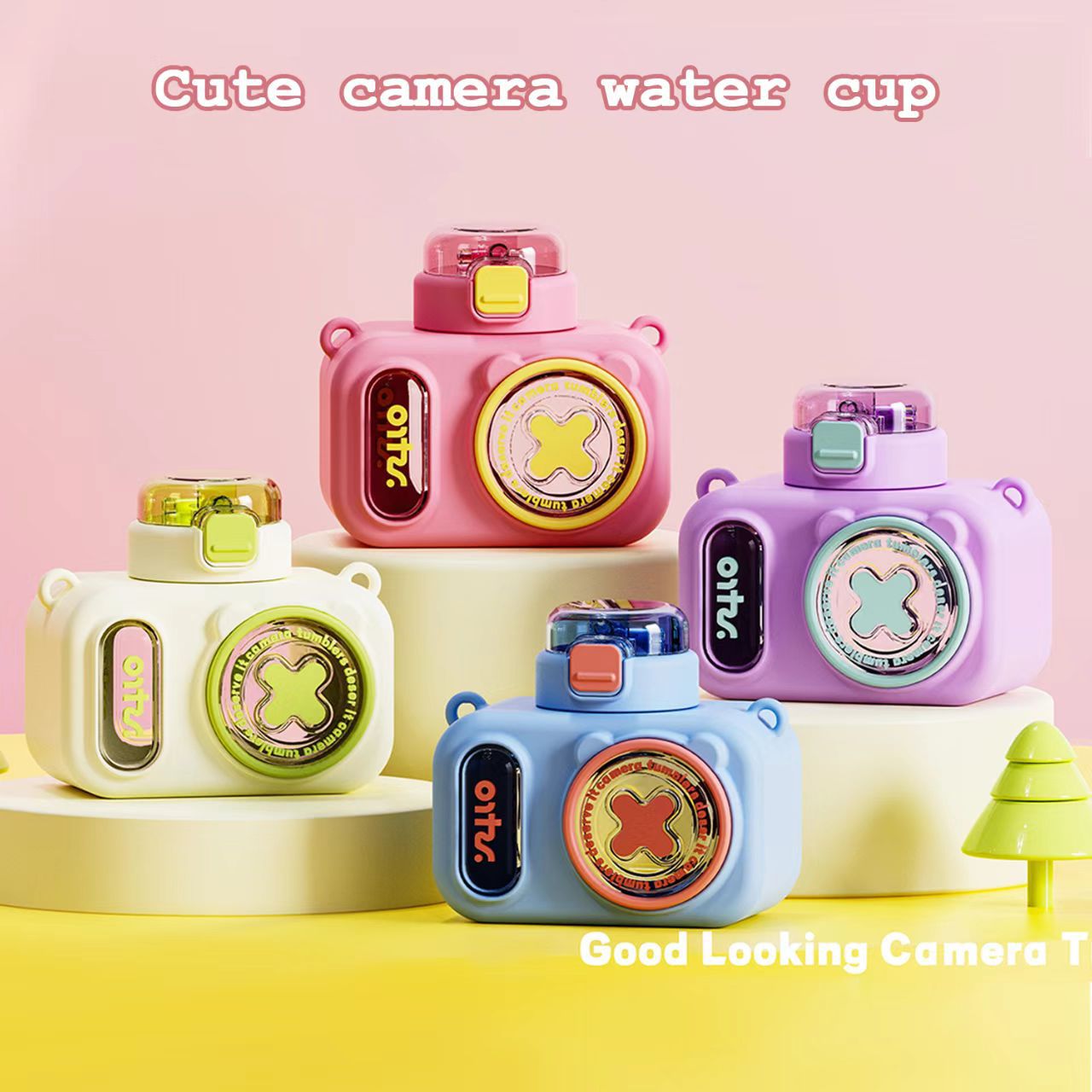 Summer children's camera water cup, high appearance level, cute, anti-drop, heat-resistant plastic straw cup, slanting water bottle full figure