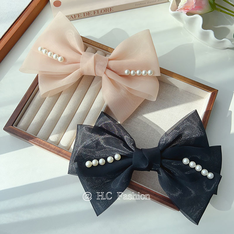 Organza bow pearl hair clip, Korean style hair accessory, simple and elegant headwear, female hair clip at the back of the head details Picture