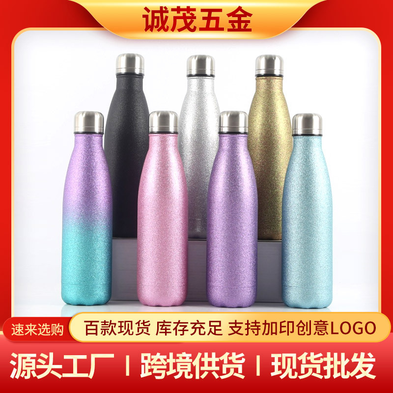 Cross-border 304 stainless steel sports water bottle with glitter paint, cola bottle and insulated cup support one-piece consignment with logo printing full figure
