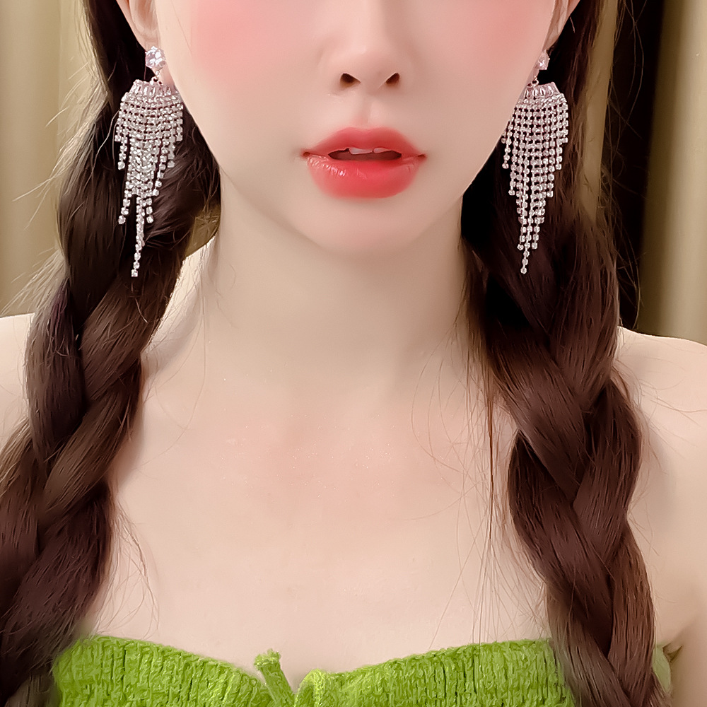 "Socialite charm, full diamond tassel earrings, 925 silver needle, ins light luxury, niche design, internet-famous long earrings wholesale. full figure