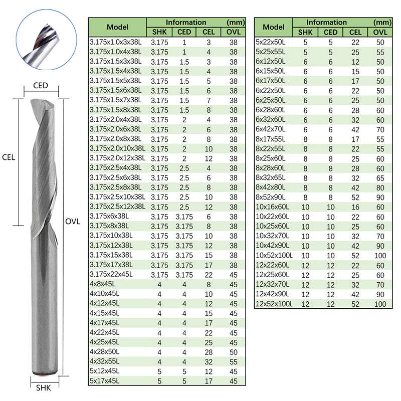 Imported tungsten steel 3.175-12mm single-edge aluminum milling cutter, aluminum plate and aluminum-plastic plate engraving cutter, CNC engraving tool Specification drawing