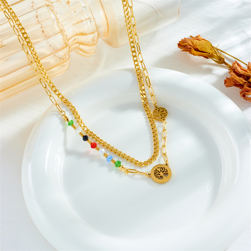 European and American fashion niche design irregular retro colorful beaded life tree pendant accessory titanium steel double-layer necklace details Picture