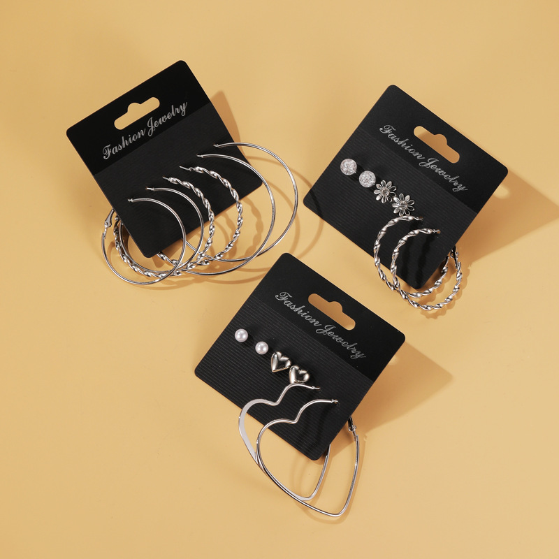 Cross-border best-selling geometric earring set combination, European and American ins style, individual and exaggerated three-piece earring set with multiple pairs of earrings details Picture