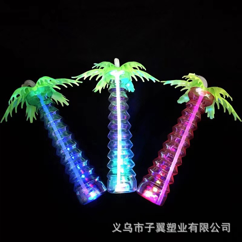 Creative special-shaped pet disposable plastic luminous coconut tree cup 500ML straw cup Beach drink water cup in stock Specification drawing