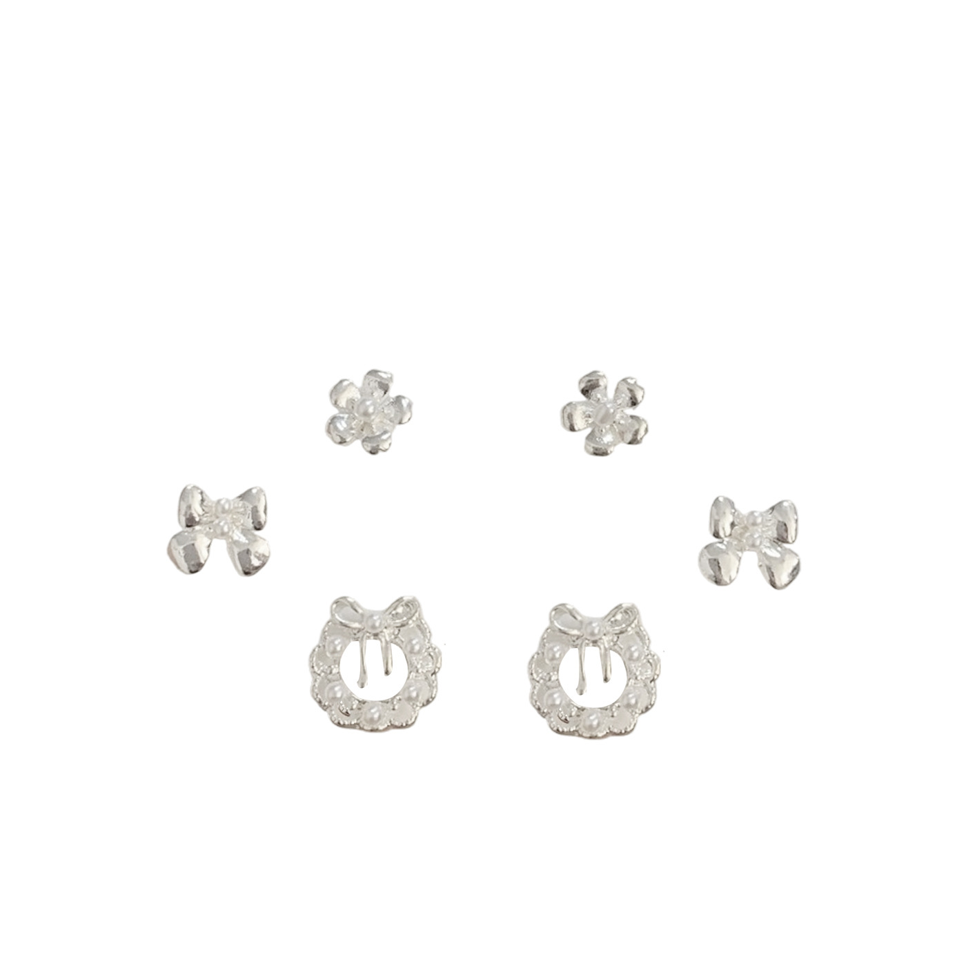 A three-piece set of Korean-style plain silver lace bow garland earrings with silver needles, featuring a fresh, niche and light luxury design Item Picture