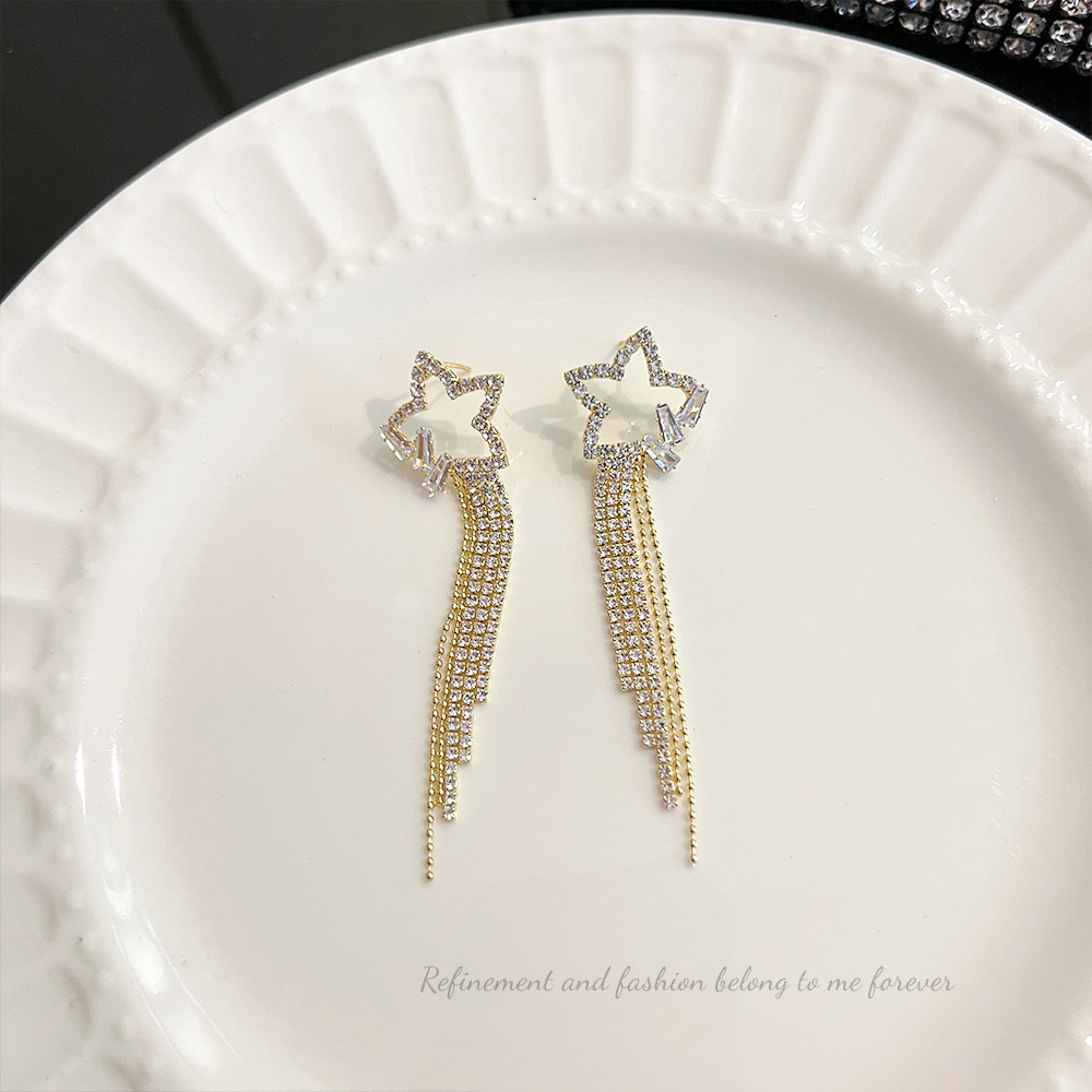 New Korean version long star earrings, silver needle high-end earrings, women's fashionable and exquisite stud earrings, niche design accessories full figure