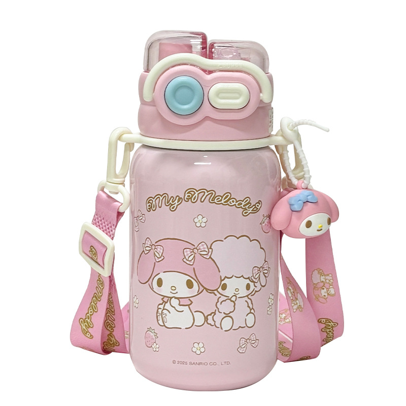 Cute Sanrio Family series Wave double-drinking thermos cup, silicone spout adjustable cup body rope portable water cup Item Picture