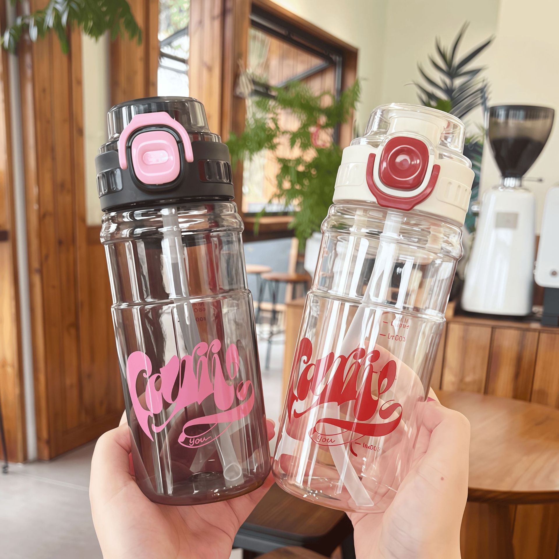 New water cup, large-capacity sports, high appearance level, plastic cup, student heat-resistant, double-drinking straw, summer portable cup Specification drawing