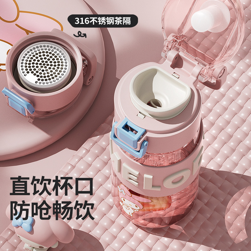 Sanrio officially authorized plastic cup with a pop-up lid, student water cup, convenient handle, direct drinking cup, high appearance level cartoon figurine details Picture