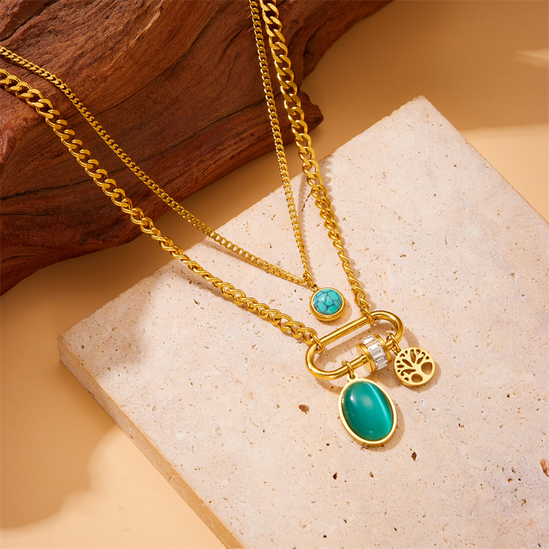Cross-border fashion double-layer chain stainless steel multi-element geometric square star life tree snake pendant necklace Specification drawing
