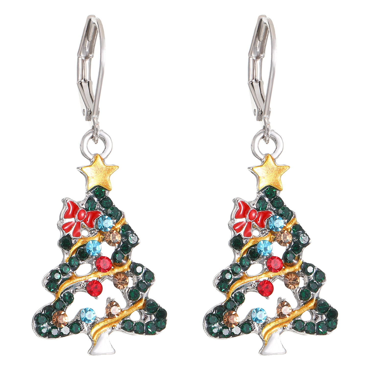European and American cross-border alloy oil-dripping red butterfly-patterned diamond Christmas tree earrings for women's autumn and winter Christmas fashion earrings Item Picture