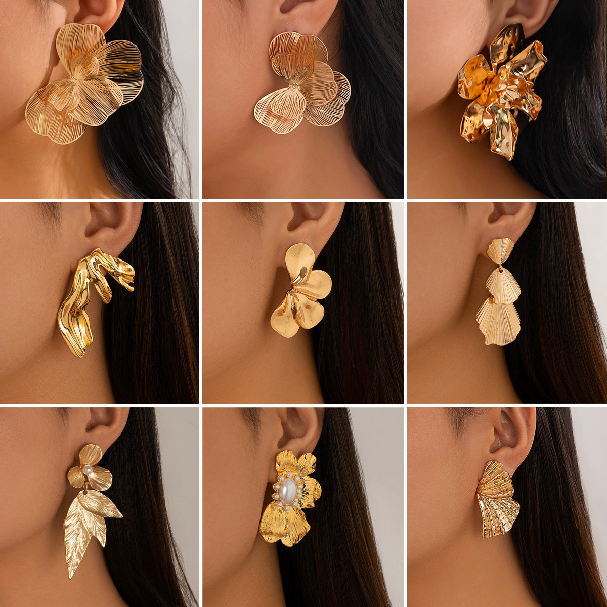 European and American cross-border petal retro earrings liquid metal ginkgo leaf simple stud earrings, women 's niche flower earrings full figure