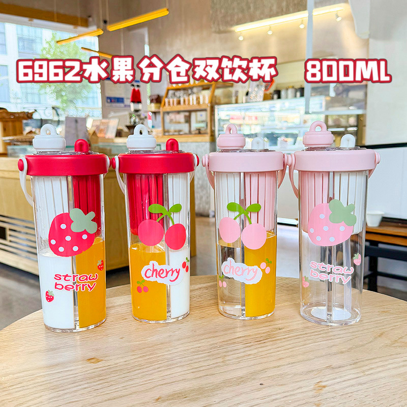 New double-compartment water cup with tea compartment, portable student straw cup, high appearance level for girls, summer tea brewing plastic cup gift details Picture