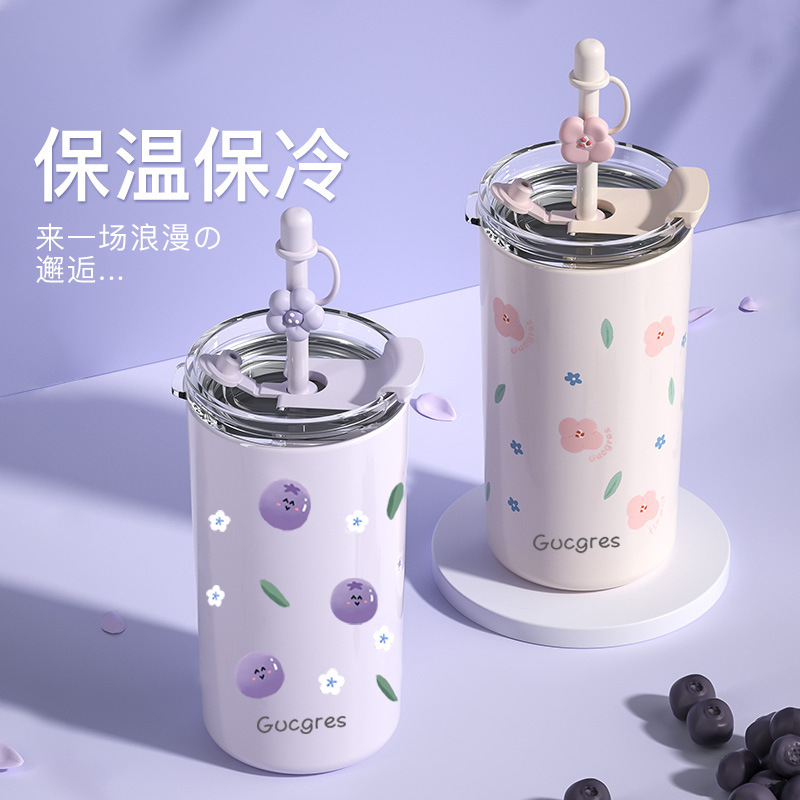 2025 Double drinking cups, straw cups, adult office large capacity coffee cups, men's and women high appearance level insulated cups full figure