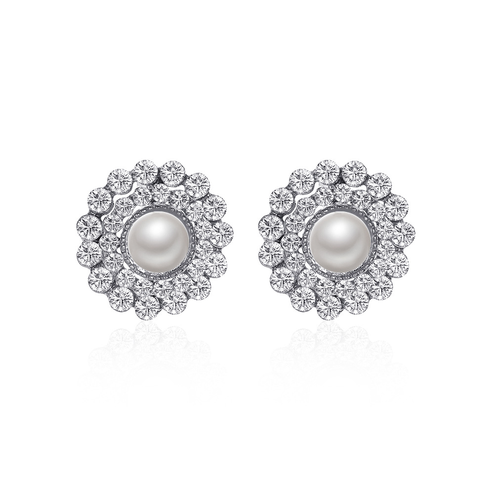Cross-border round pearl sunflower stud earrings, Korean-style alloy full diamond earrings, fashionable zircon geometric earrings Item Picture