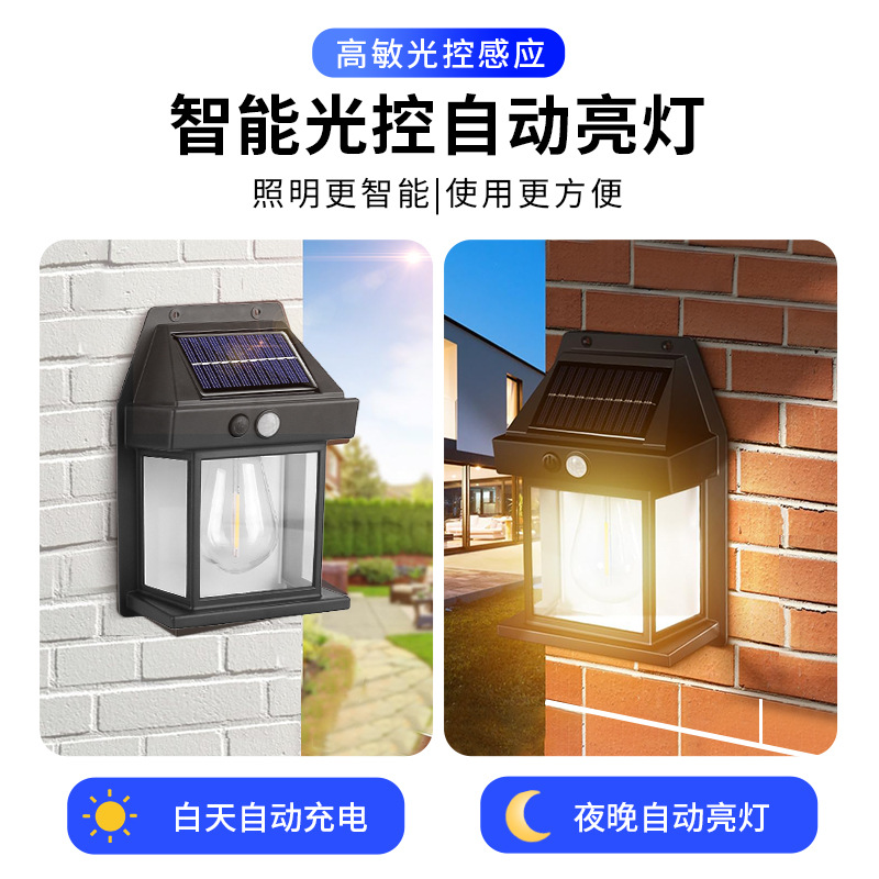 Cross-border bestseller TEMU solar tungsten filament wall lamp, human-sensing three-mode garden outdoor waterproof LED night light details Picture
