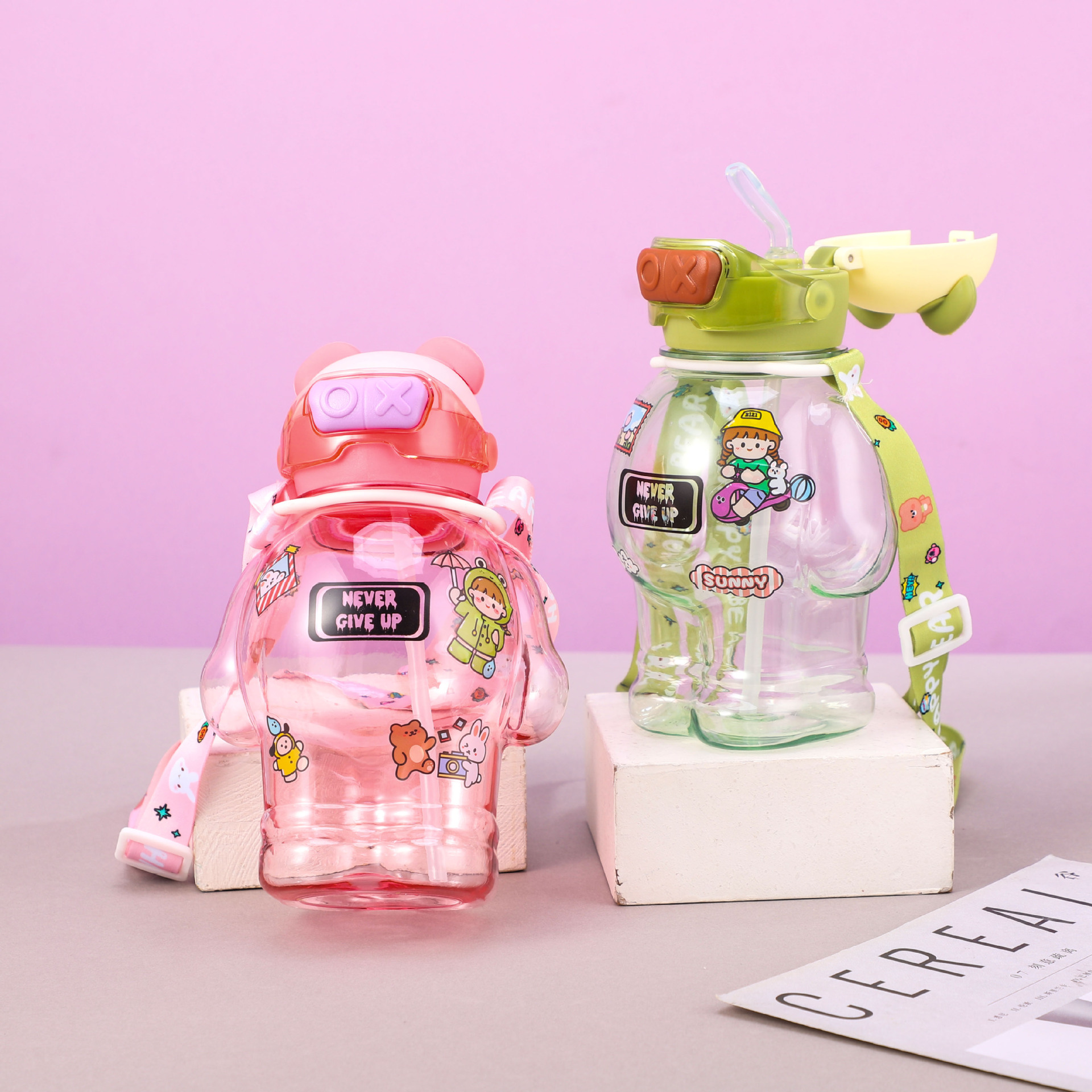 New creative vest bear water cup, summer cute children's straw cup, student outdoor portable plastic water bottle Application Scenario