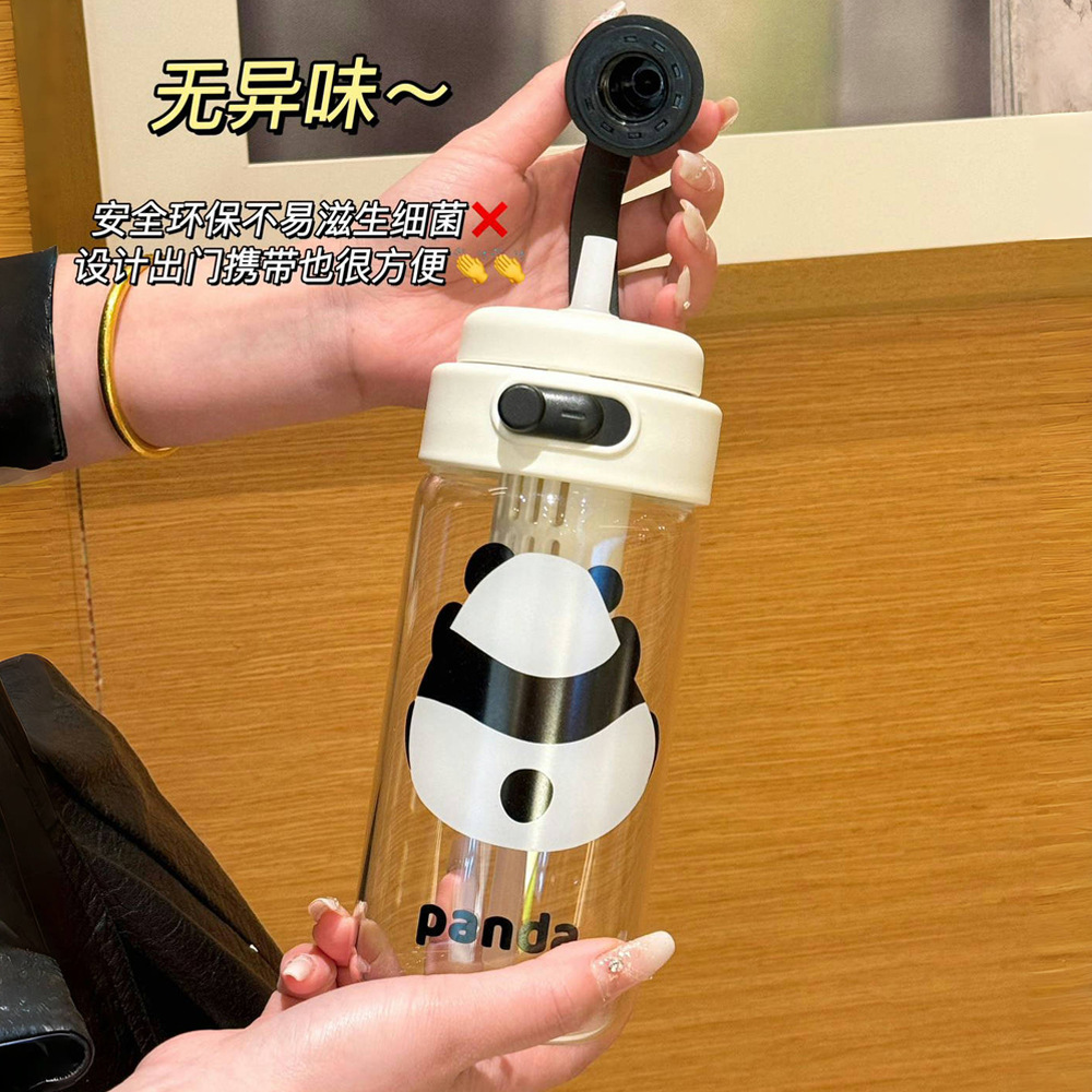 Cute panda glass cup with filter, student double-drinking straw cup, portable summer girls' couple tea cup Specification drawing