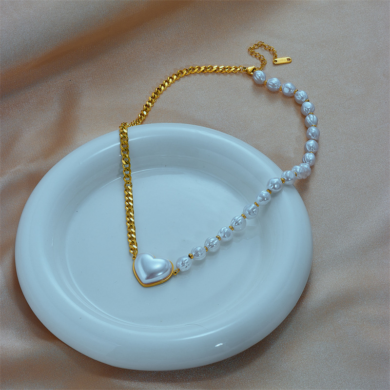 European and American cross-border beaded chain splicing pearl heart-shaped pearl titanium steel metal necklace, fashionable and niche punk necklace Specification drawing
