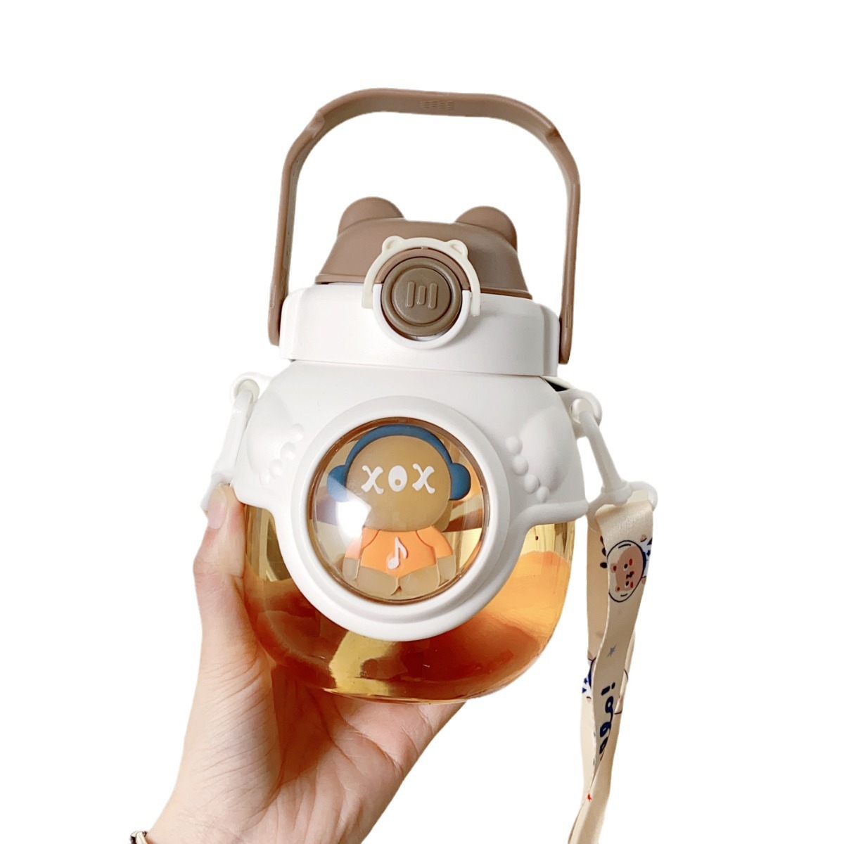 New children's cartoon straw cup, creative DJ bear, cute big-belted cup, can be carried diagonally, shock-resistant, heat-resistant, large-capacity water cup Item Picture
