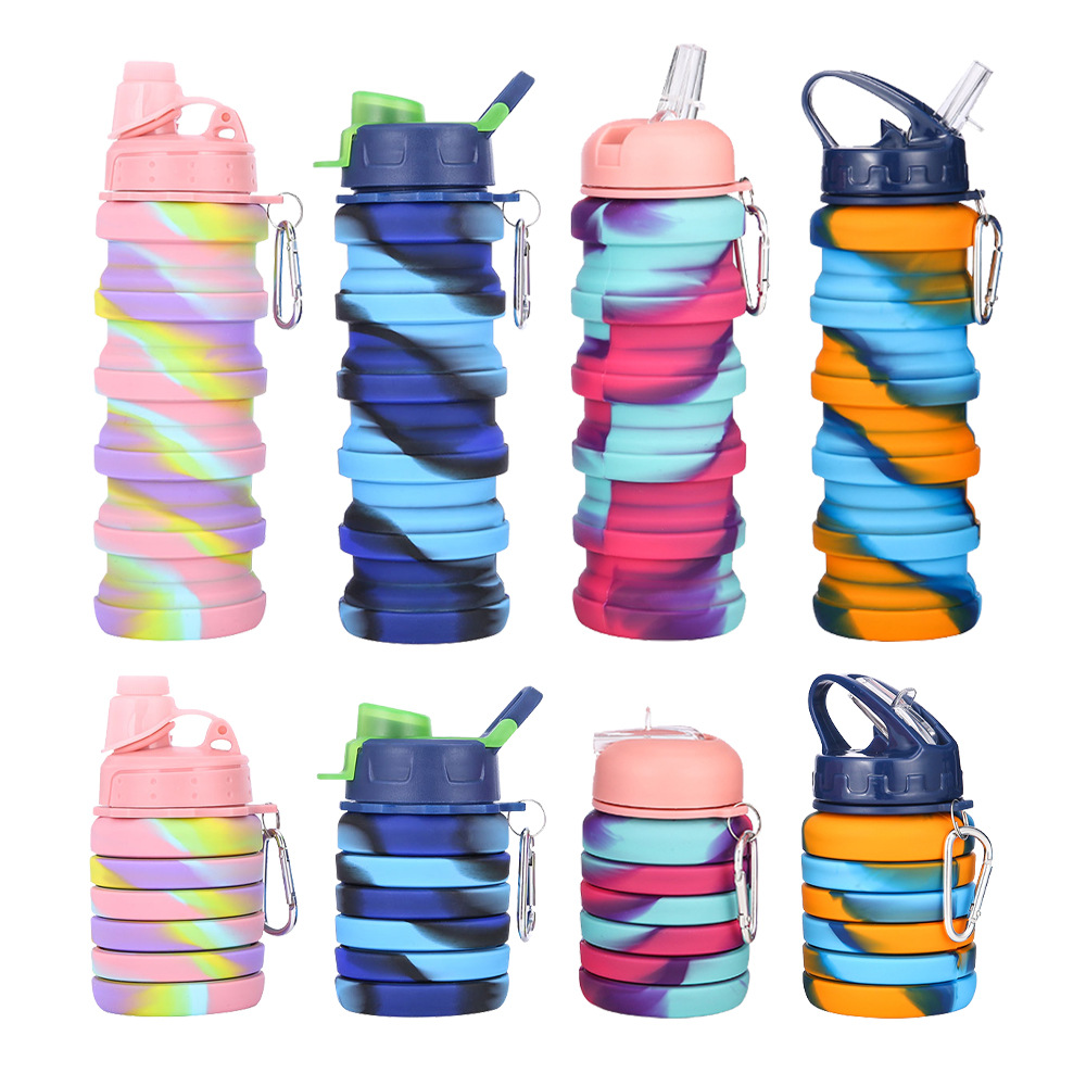 Cross-border stretchable silicone camouflage water bottle, outdoor folding water cup, sports water bottle, custom watch bottle full figure