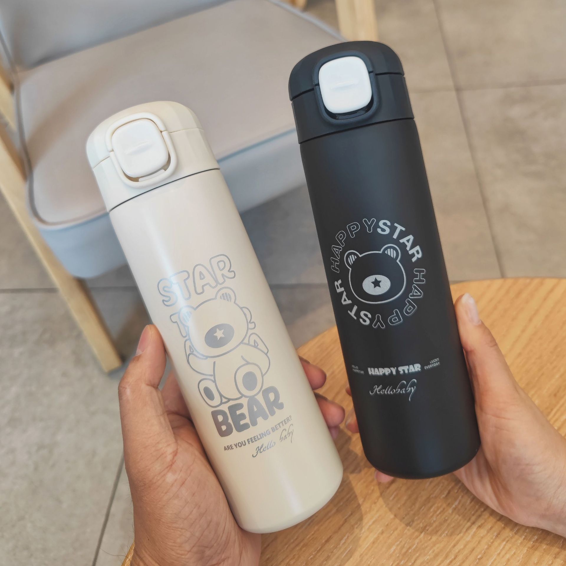 Simple cartoon insulated cup for direct drinking, water cup for male and female students, couple portable, high appearance level, pop-up lid stainless steel portable cup full figure
