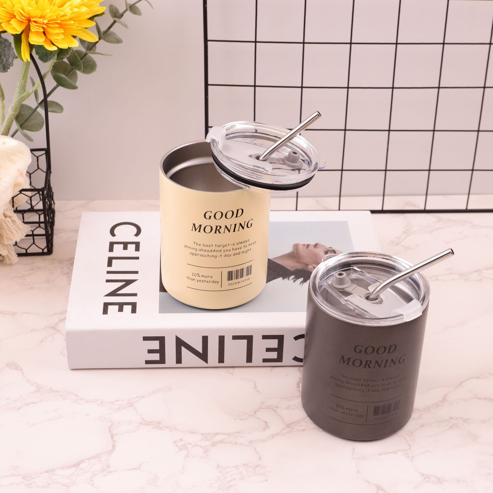 Cross-border vacuum iced Americano cup, stainless steel portable latte straw cup, large-capacity car-mounted portable insulated cup Specification drawing