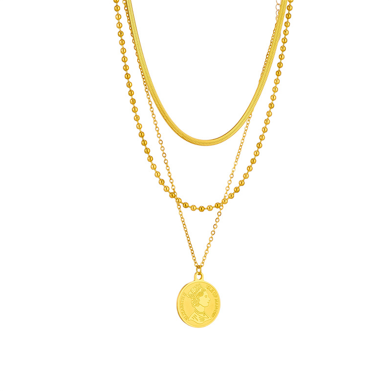 Niche design, fashionable, creative, individual, versatile multi-layer chain, bead chain, round plate, queen's head pendant, jewelry necklace Item Picture