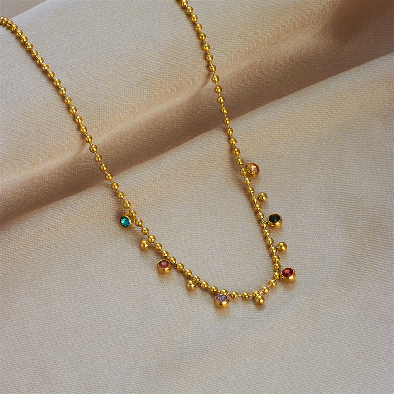 European and American cross-border retro, simple, niche, fashionable and versatile colorful round diamond pendant titanium steel metal necklace details Picture