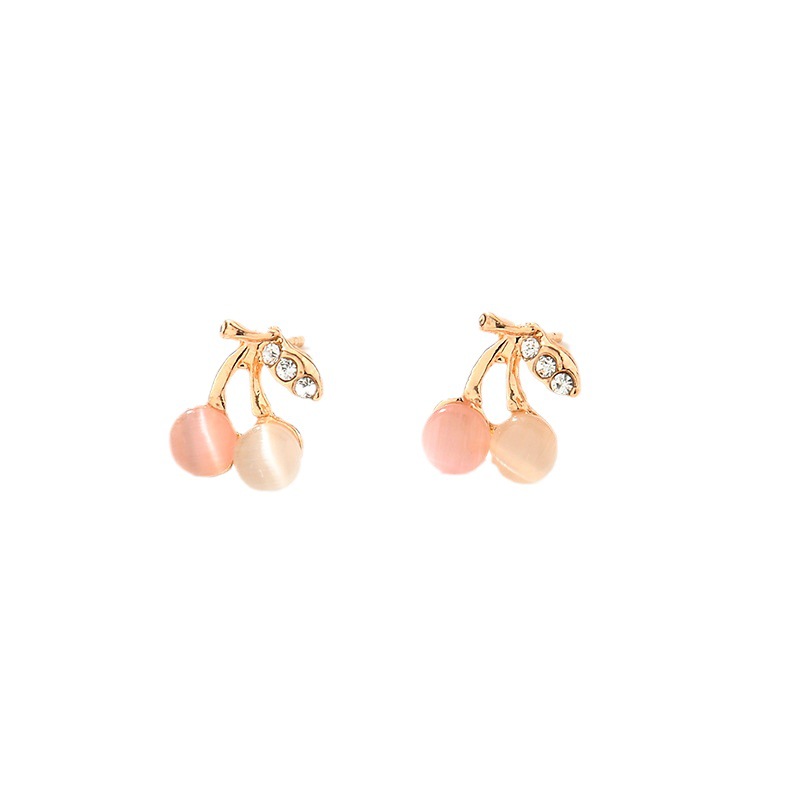 Wholesale of Korean version hot-selling eco-friendly cat's eye stone cherry ear studs and sweet diamond-encrusted fruit earrings Item Picture