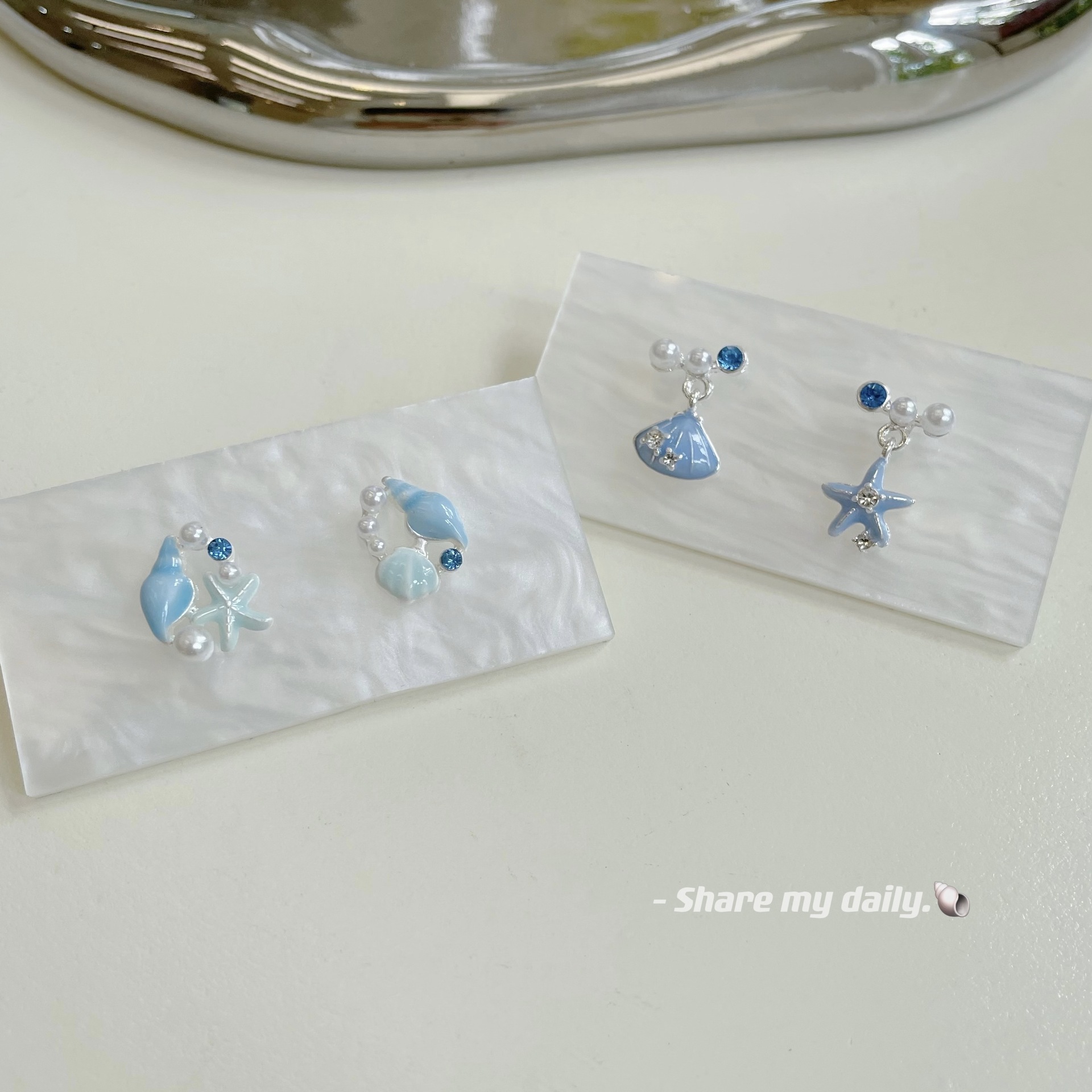 Blue ocean shell starfish stud women's silver needle vacation style summer new niche design exquisite earrings full figure
