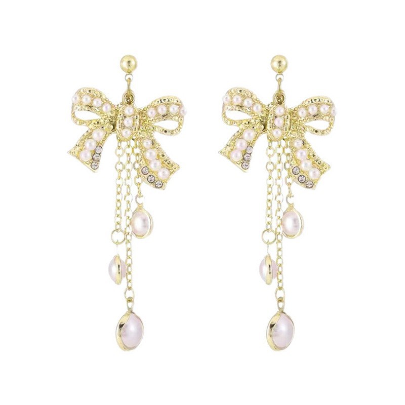 Korean-style long bow tassel earrings, high-end autumn and winter earrings, versatile and elegant pearl stud accessories for women Item Picture