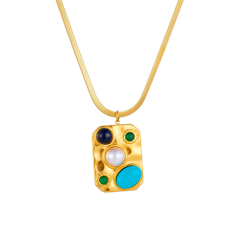 European and American cross-border fashion gold-plated, turquoise and pearl square pendant stainless steel collarbone necklace Item Picture